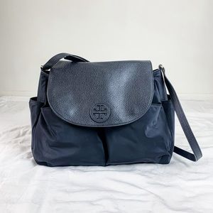 Tory Burch Black Leather Messenger Diaper Bag w Strap EUC